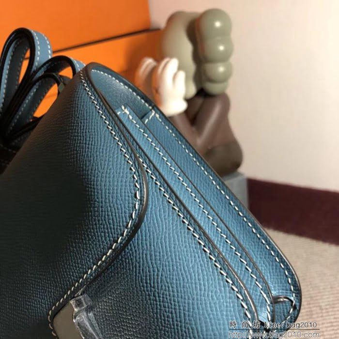 HERMES愛馬仕 空姐包 constance 牛仔藍 EPSOM 18cm 銀扣 蠟線縫製 單肩斜挎包  Ama1481